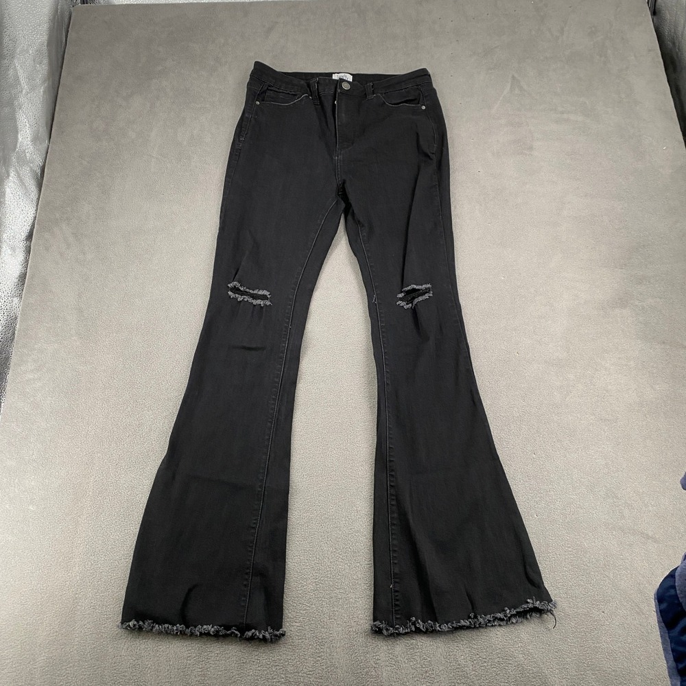 Simple Society Black Flare Jeans High Waisted Raw Hem Denim Pants Womens Size 29